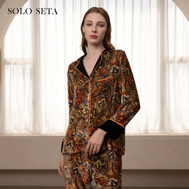 Solo seta女士丝绒睡衣套装长袖家居服加厚秋冬奢华可外穿两件套