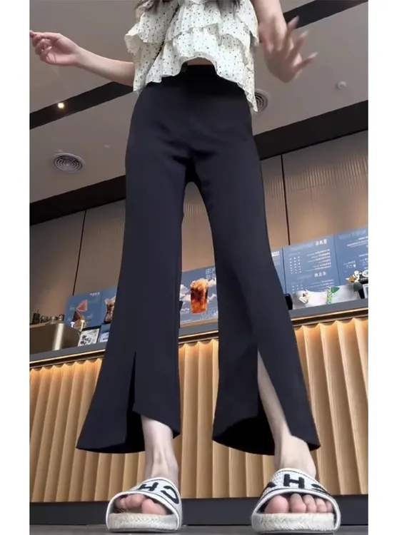 大码黑色开叉微喇叭裤女夏薄款胖妹妹mm梨型身材高腰八九分西装裤