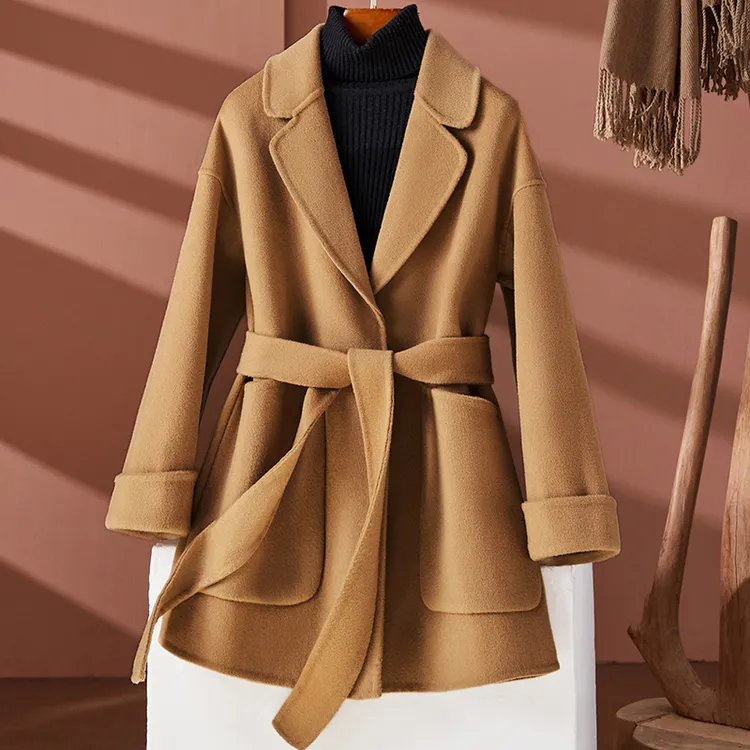 秋冬新款反季双面羊绒大衣女中长款宽松系带小个子纯羊毛呢子外套