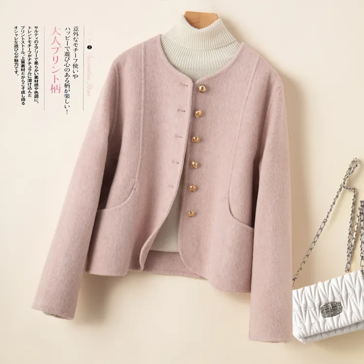 秋冬法式小香风双面羊毛大衣女短款圆领宽松小个子百搭羊毛呢外套