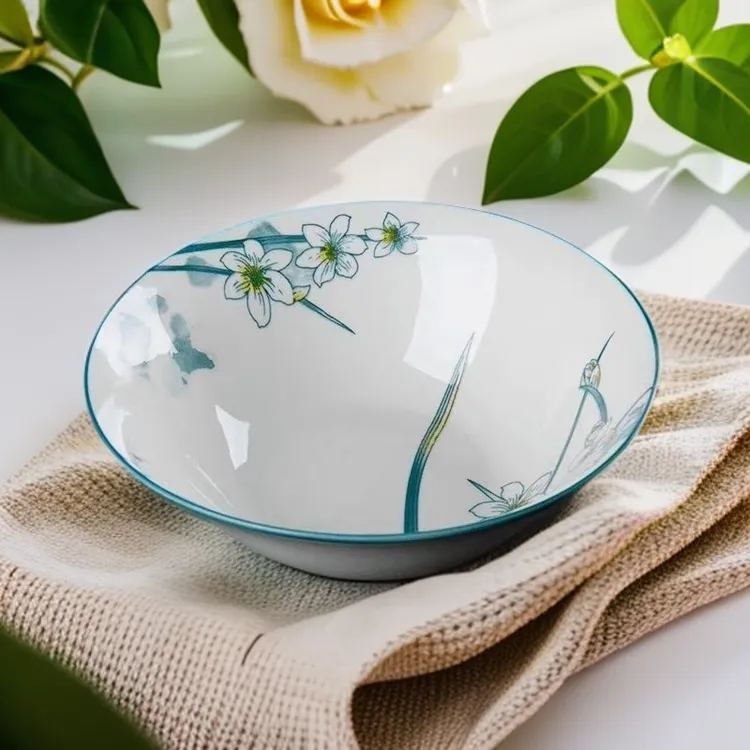 8英寸水仙花汤碗斗碗面碗釉下彩工艺4个装陶瓷餐具家用吃饭碗