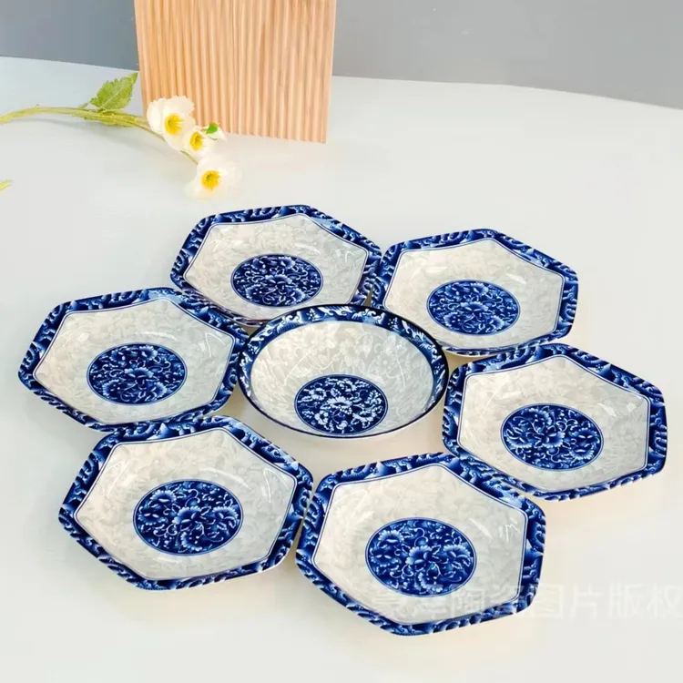复古中式青花盘子釉下彩高温陶瓷六角盘异形盘大号大容量菜盘