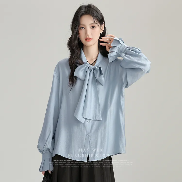 2024秋季新款法式蝴蝶结长袖衬衫女宽松宫廷风上衣气质衬衣潮
