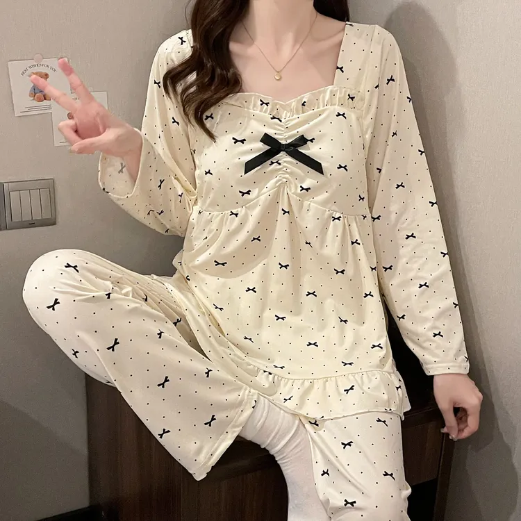 带胸垫睡衣女款春秋季长袖长裤公主风蝴蝶结波点可外穿家居服套装