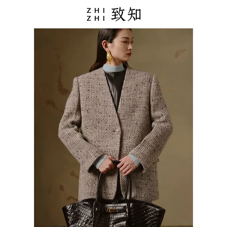 致知 碧云天 毛呢西装外套女2024冬新款修身复古时尚ZZ2CWWXW052