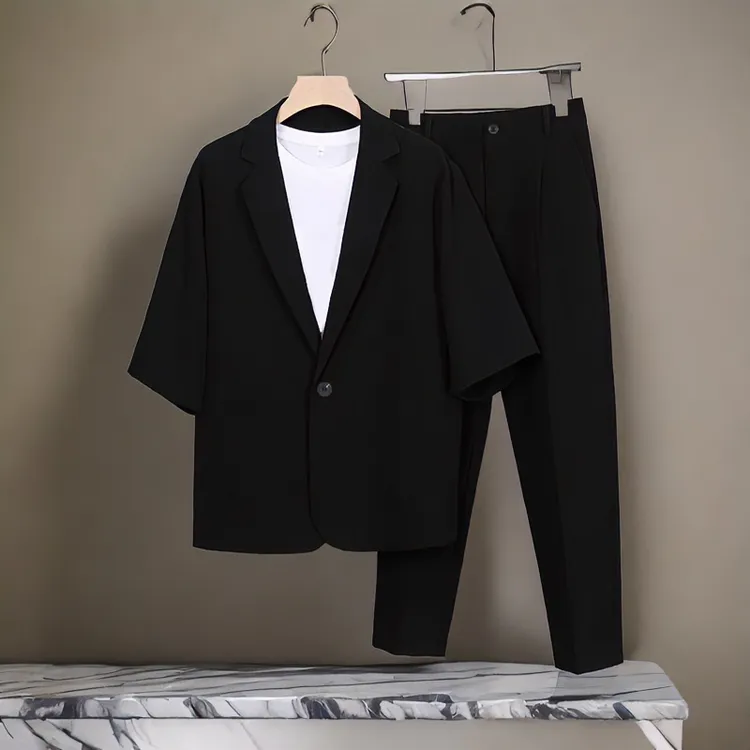 【三件套】 微胖男生显瘦穿搭夏季短袖西服套装男士大码半袖小西服