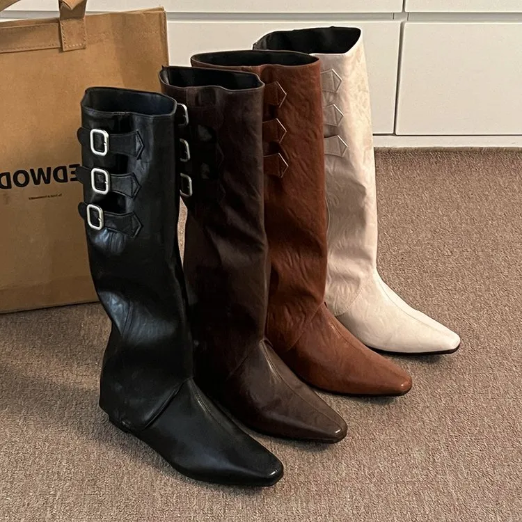 内增高尖头可拆卸长筒西部靴女鞋2024新款春秋美拉德棕色骑士靴子