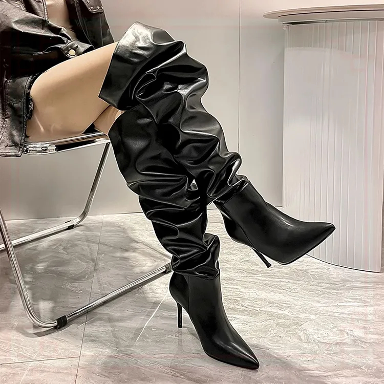 A爆了~！辣妹大筒围过膝高跟尖头长筒靴细跟堆堆靴黑色长靴子女靴