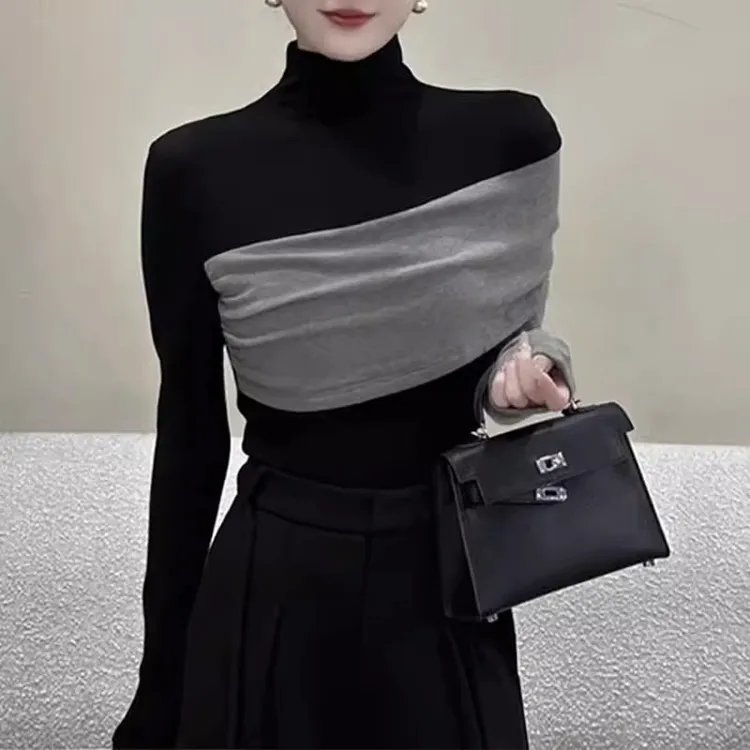 韩版拼色半高领打底衫女春秋2025年新款加绒加厚内搭长袖T恤上衣