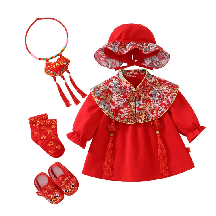 女宝宝一周岁夏季中国风唐装周岁礼服女宝满月百天公主喜庆红色