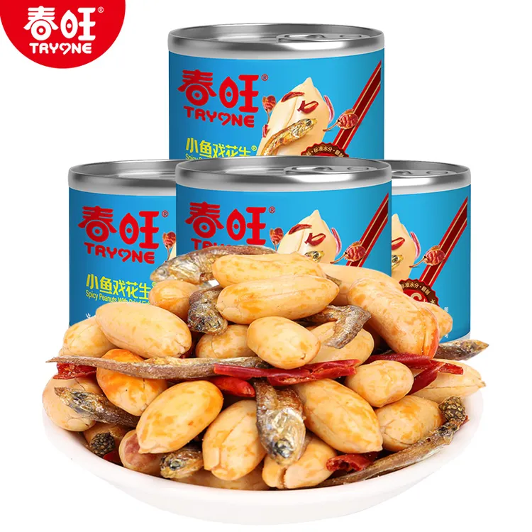 春旺花生麻辣小鱼小虾酥脆花生米海鲜味零食油炸下酒菜150g*2罐装