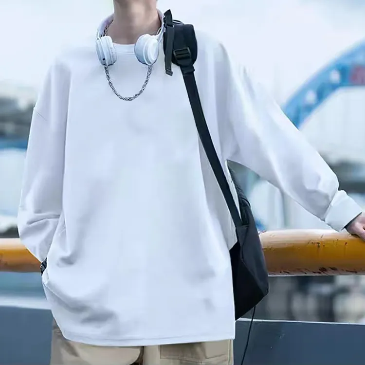 纯色纯棉长袖t恤男女春秋薄款情侣百搭打底衫宽松大码内搭上衣服