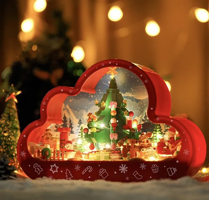 镜子圣诞树积木小夜灯 手工diy创意积木拼装摆件欢送女生圣诞礼物