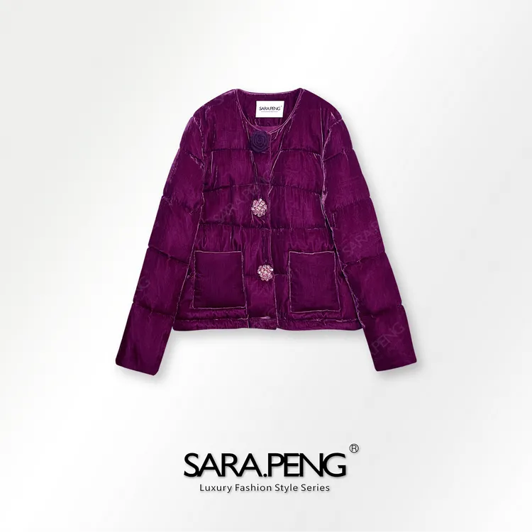 SARA.PENG花绣裳/高级真丝丝绒白鹅绒纯色圆领水晶扣面包羽绒服