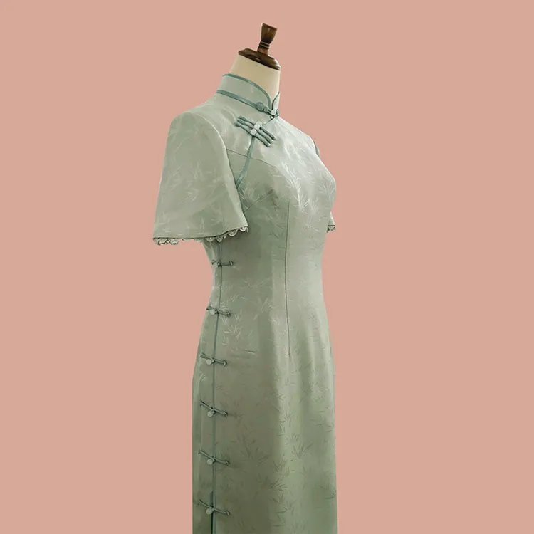 花罗手工旗袍 手工花盘扣 年轻款桑蚕丝旗袍|竹罗