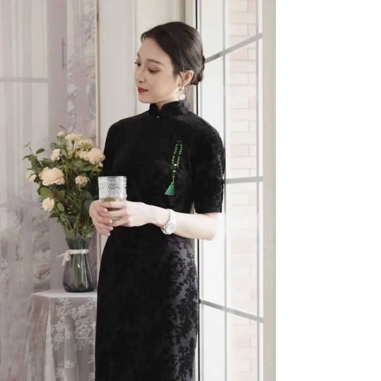 桑蚕丝真丝烂花丝绒手工盘扣重工全开襟旗袍【黑天娥