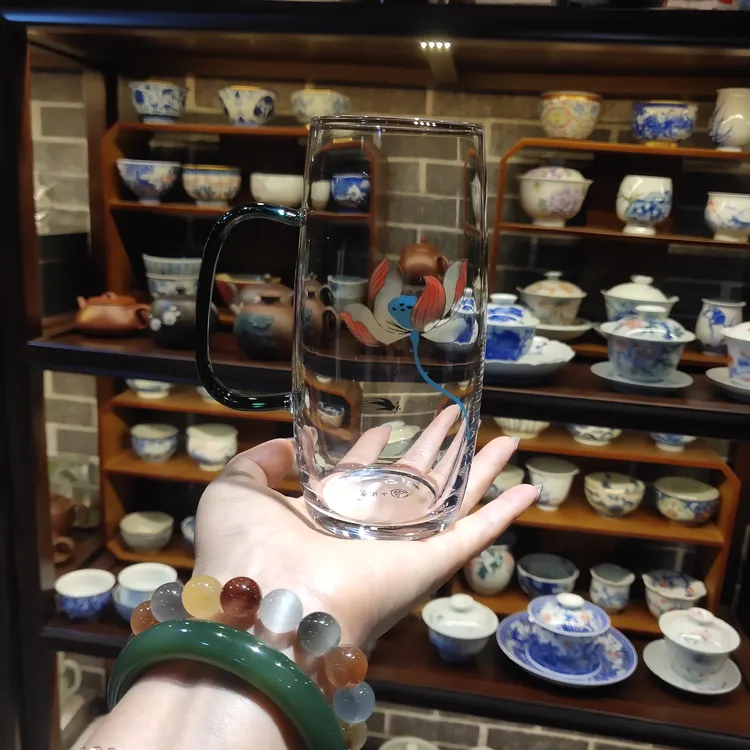 荷花绿茶杯400毫升高端透明手工