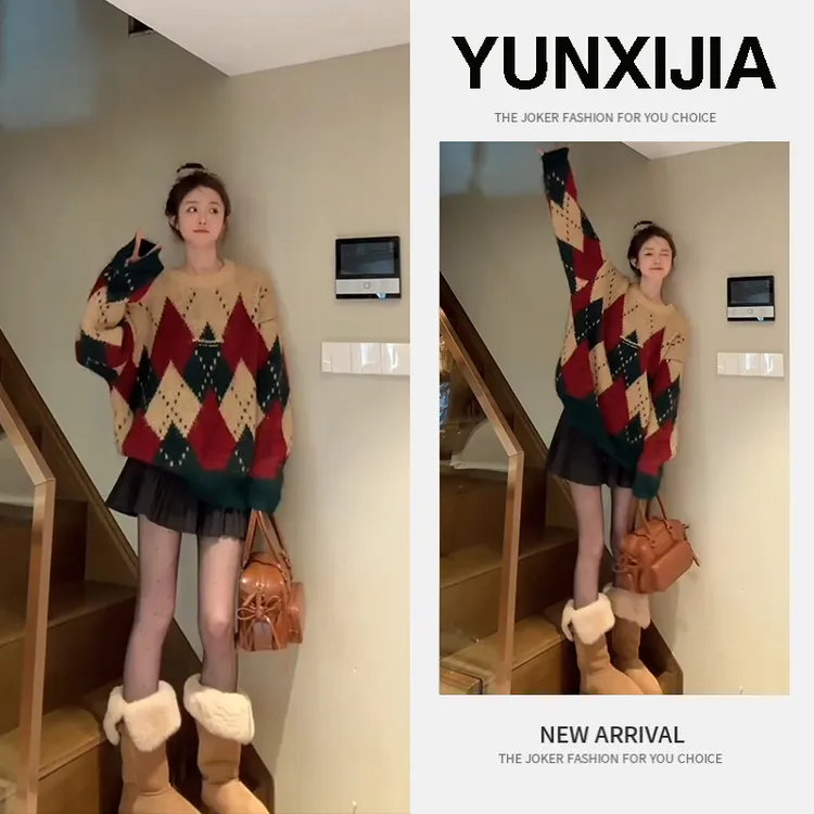 女装冬季款2024年新款爆款美德拉复古宽松圆领圣诞毛衣短裙两件套