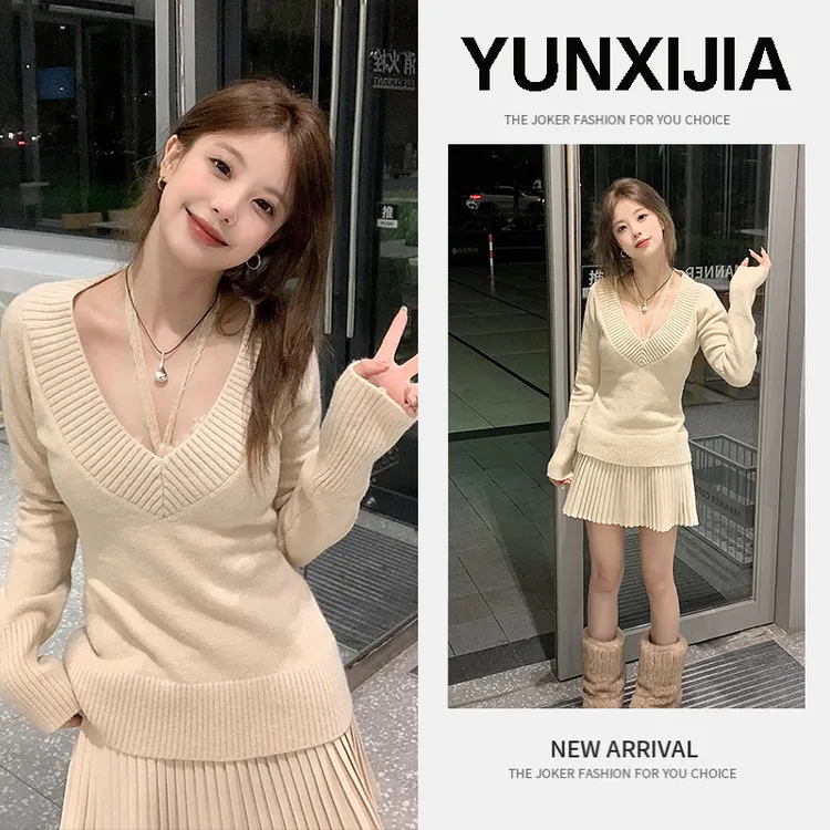 纯欲风甜辣妹性感蕾丝吊带叠穿V领毛衣女秋冬修身显瘦上衣两件套