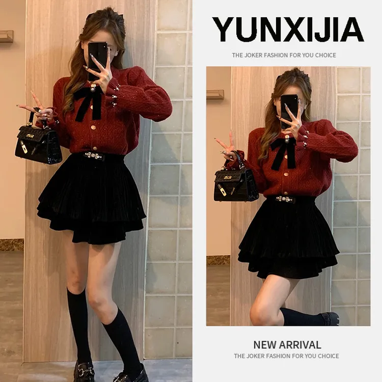 过年穿搭一整套2024年时尚女装圣诞蝴蝶结时尚毛衣半身裙两件套潮