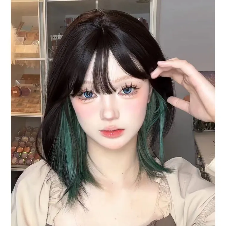 【小亦专属】黑色挑染绿色短发小仙鱼假发女自然全头套S型发缝