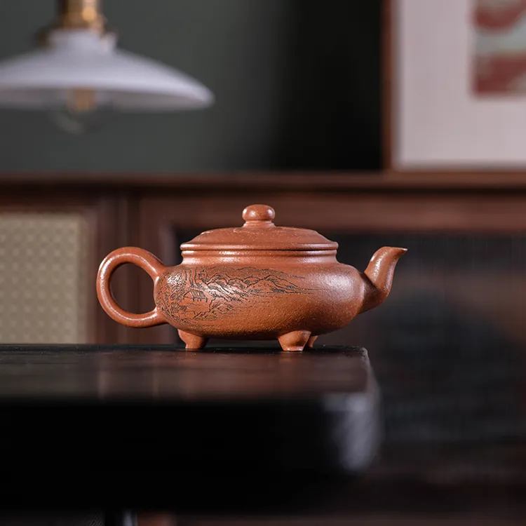 宜兴正品紫砂壶纯手工制刻绘三足仿古壶原矿老紫泥茶具茶壶家用