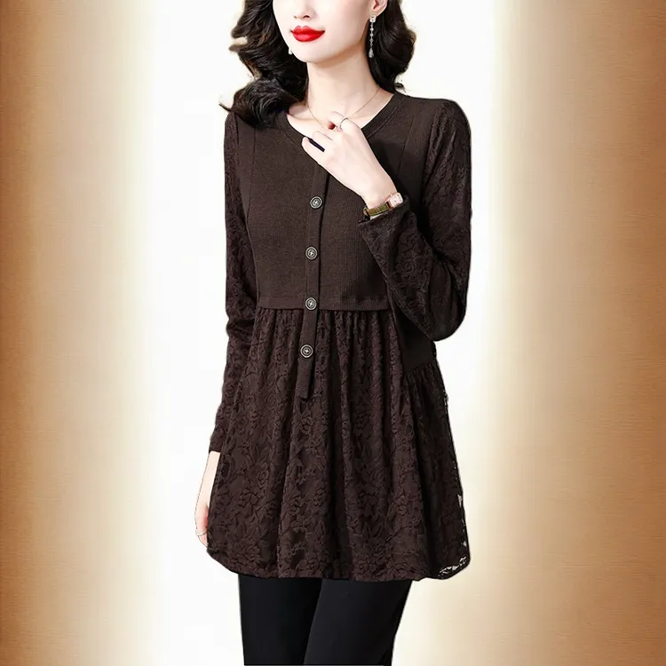 高级感蕾丝上衣妈妈收腰遮肚子洋气中长款秋冬保暖加绒加厚打底衫