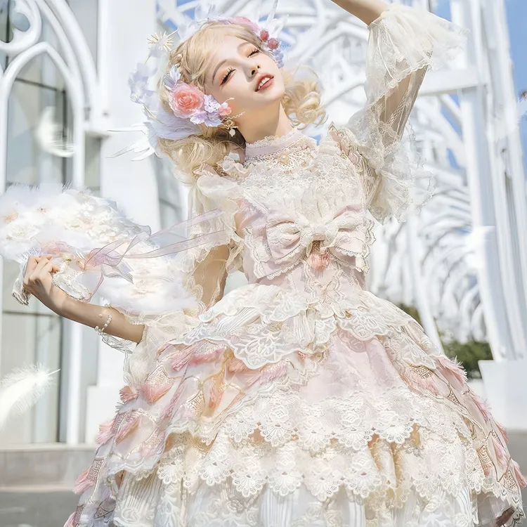 雀之羽lolita原创洋装jsk甜美花嫁重工连衣裙吊带日常拖尾洛丽塔