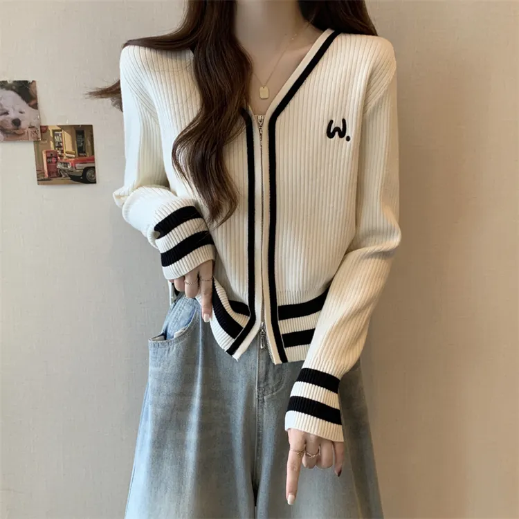 2025新款韩版显瘦气质长袖拉链针织开衫毛衣女小个子宽松百搭上衣