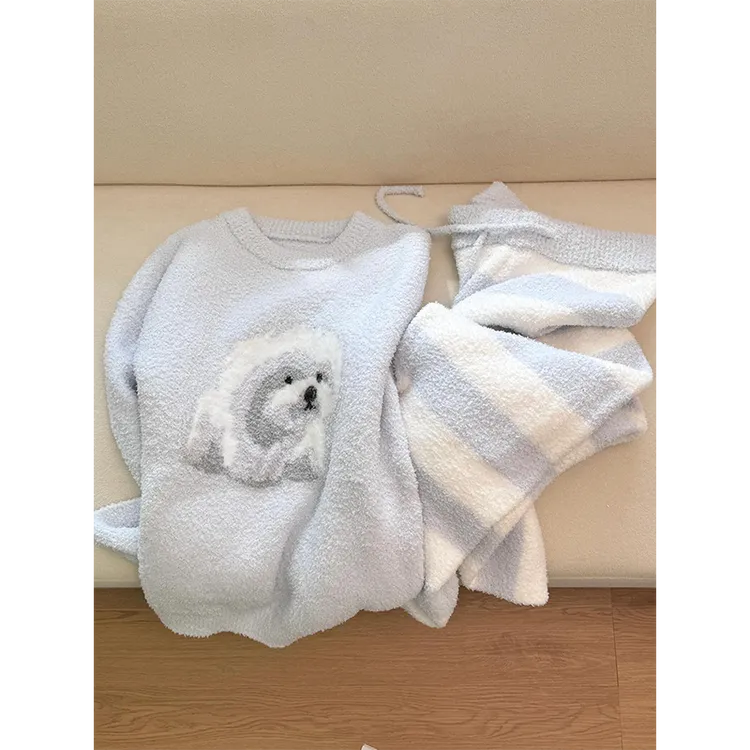 【baby蓝】亲肤软糯半边绒睡衣女冬季新款保暖条纹长裤睡衣家居服