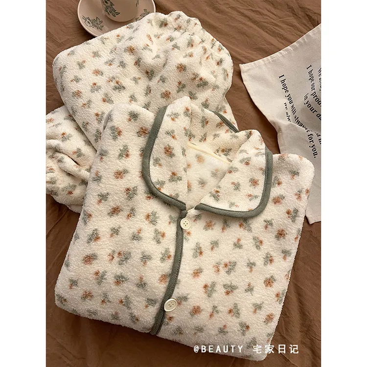 【新款碎花睡衣】甜美风网红珊瑚绒睡衣女秋冬新款休闲家居服套装