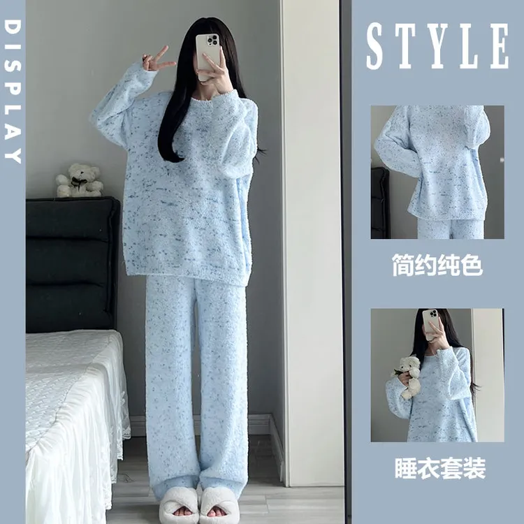 【baby蓝】半边绒睡衣冬季少女甜美加厚毛绒针织家居服套装可外穿