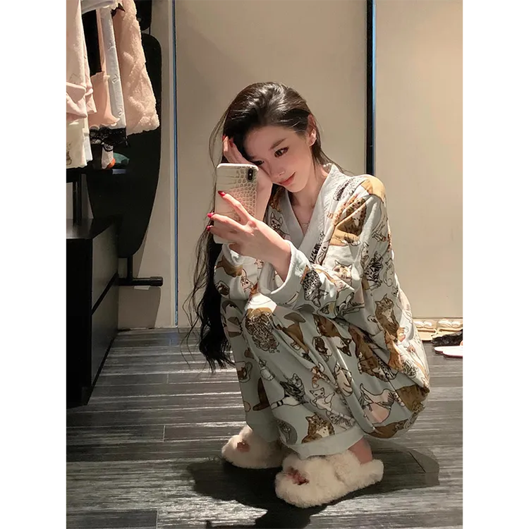 【明星同款】甜美风小猫德绒睡衣女秋冬季新款网红休闲家居服套装