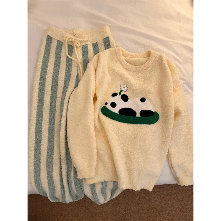 【奶萌熊猫】可爱少女半边绒睡衣女套装秋冬季新款加厚加绒家居服女