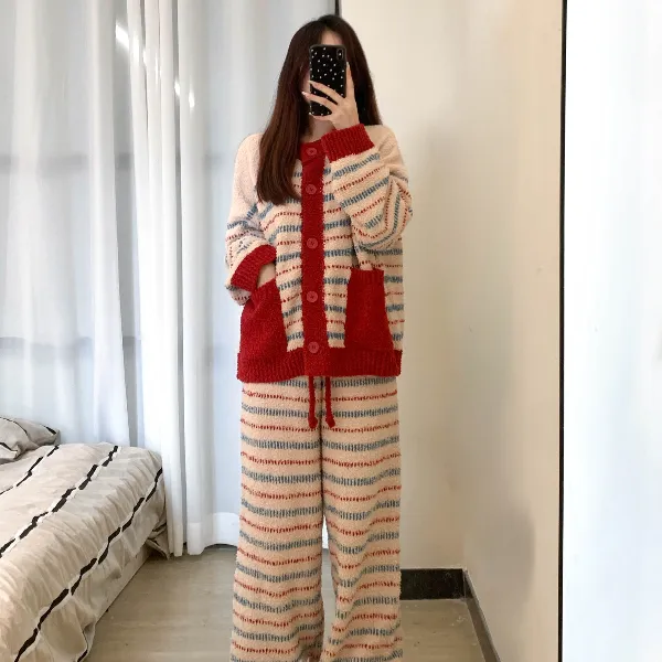 【红蓝色条纹】简约风撞色半边绒睡衣女秋冬新款加厚家居服套装