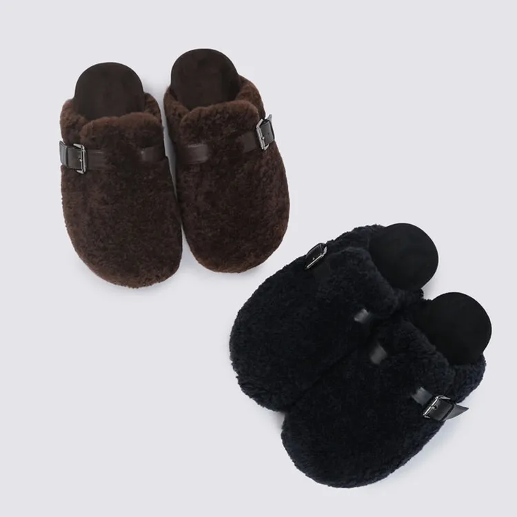平底勃肯鞋女外穿半拖鞋2024冬新款加绒加厚毛毛鞋一脚蹬包头拖鞋
