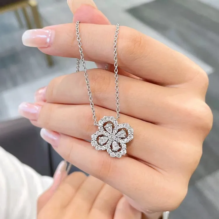坠链均925银合成锆石 满钻四叶草纯银项链女轻奢小众送女朋友礼物