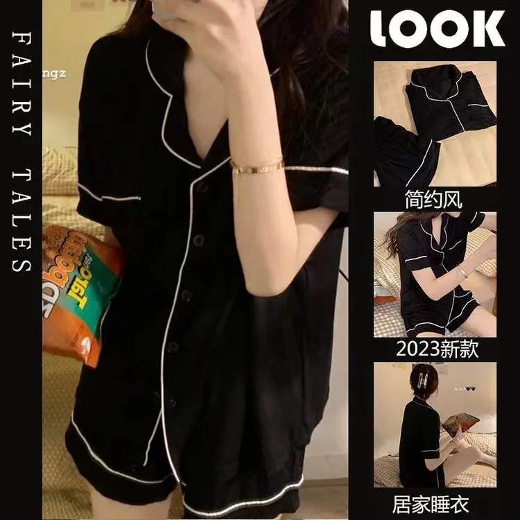 ins韩版简约网红睡衣女夏季短袖短裤宽松薄款夏天家居服两件套装