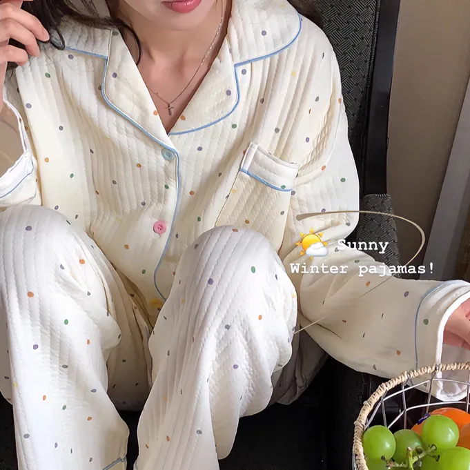秋冬季波点加厚夹棉睡衣套装女新款空气泡泡棉保暖家居服可外穿
