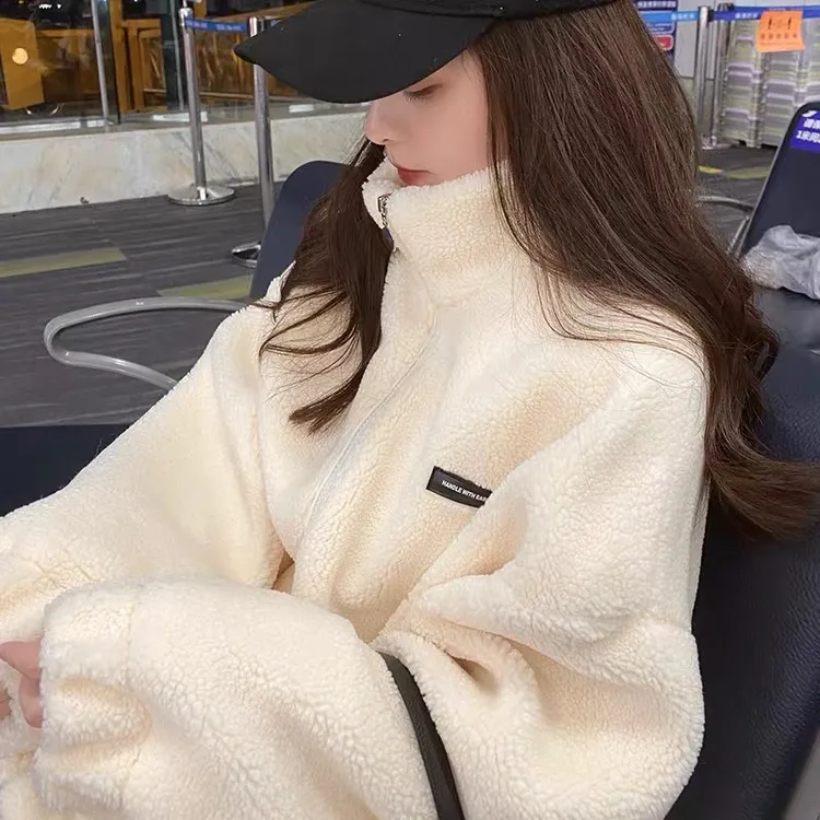 羊羔绒外套女冬季2025新款显瘦加绒加厚保暖立领oversize宽松卫衣