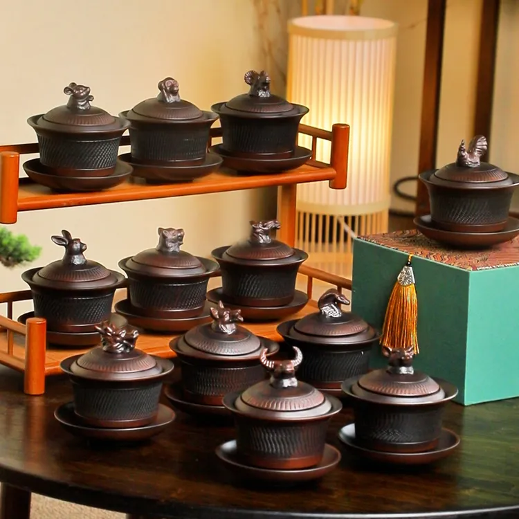 12生肖高档防烫云南建水复古紫陶三才盖碗旋转盖碗紫陶旋转盖碗