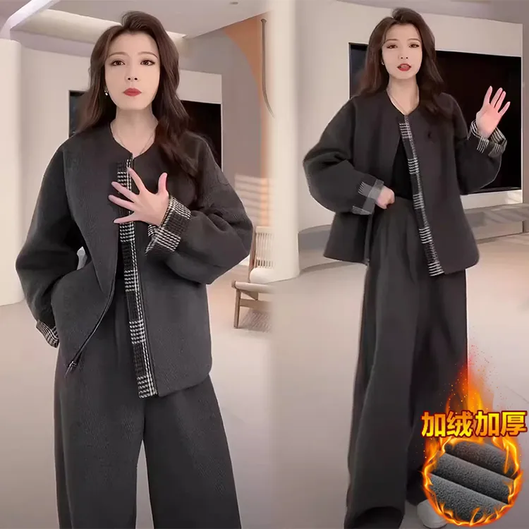 设计感气质加绒加厚套装女2025年秋冬季新款外套阔腿裤保暖两件套