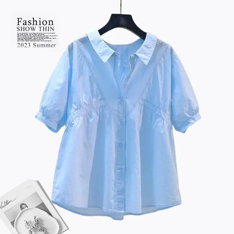 夏季短袖衬衫女2025新款爆款洋气时尚百搭宽松薄款衬衣泡泡袖上衣