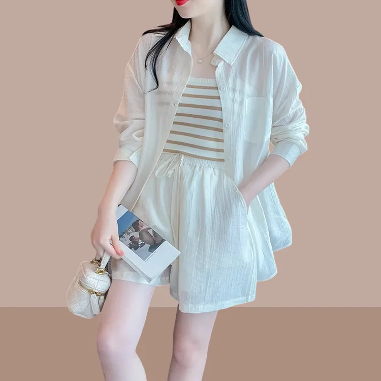 网红三件套女装时尚防晒套装女2025夏装小个子条纹背心短裤防晒衣