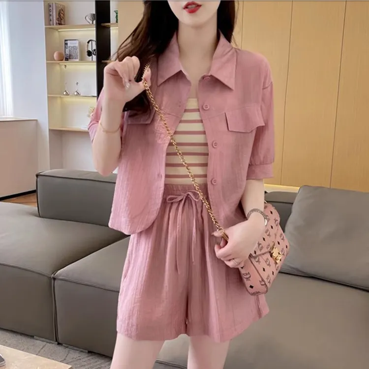 夏季女装时尚套装2025新款爆款洋气条纹背心短袖衬衣气质三件套女
