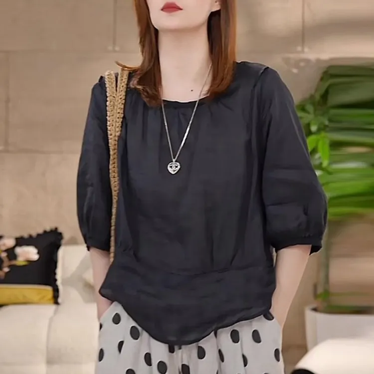 黑色中袖女款衬衫轻奢高级感2025夏季新款后系扣宽松百搭法式上衣