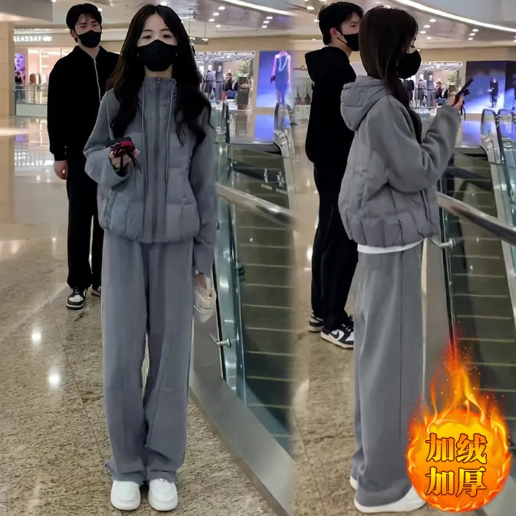 2025新款冬季卫衣拼接棉服加绒裤子两件套女装时尚小个子休闲套装