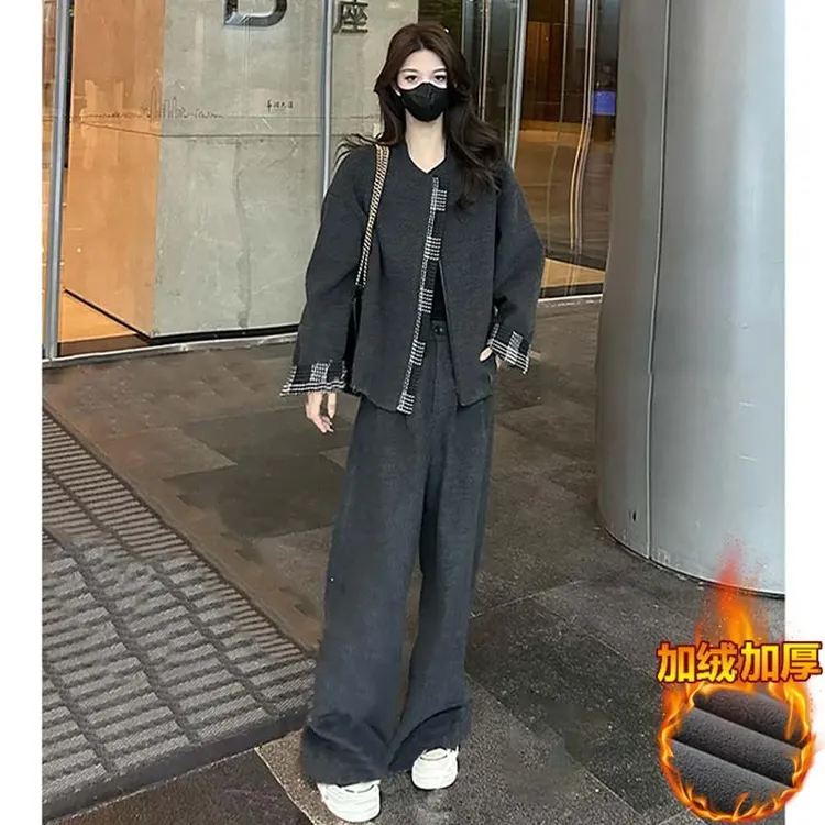 2024秋冬新款高级感时尚套装女韩版保暖加绒外套高腰阔腿裤两件套