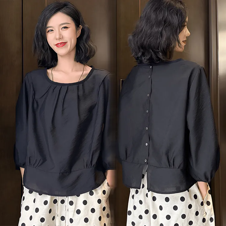 尤莱特穿搭法式设计感前后两穿圆领半袖衬衫女款夏季气质百搭上衣