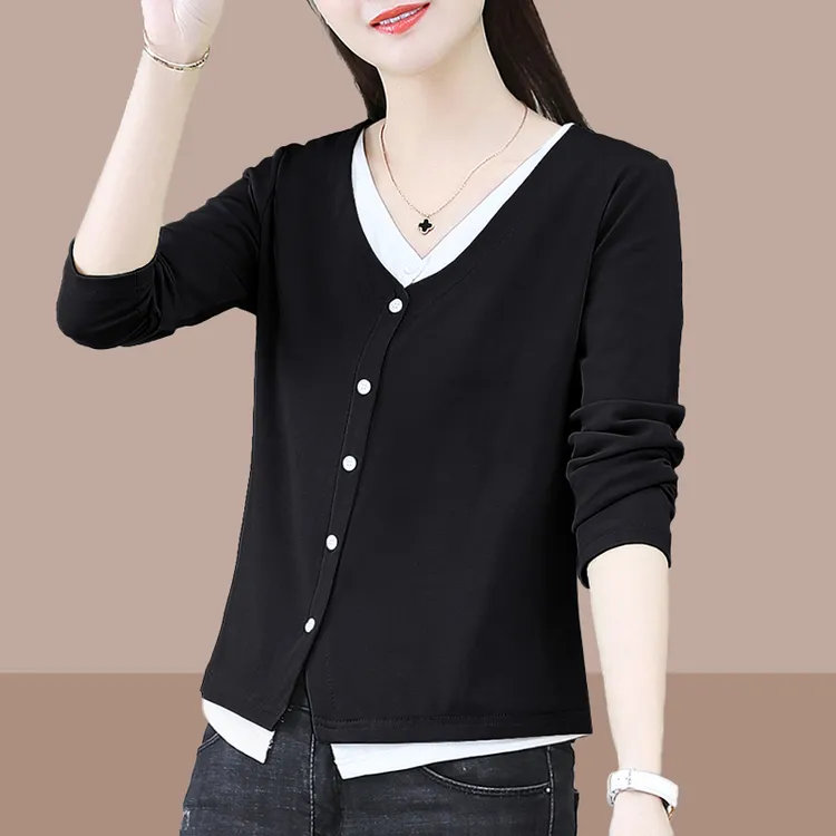 假两件V领长袖t恤女小个子修身显瘦春秋装时尚减龄洋气打底衫上衣
